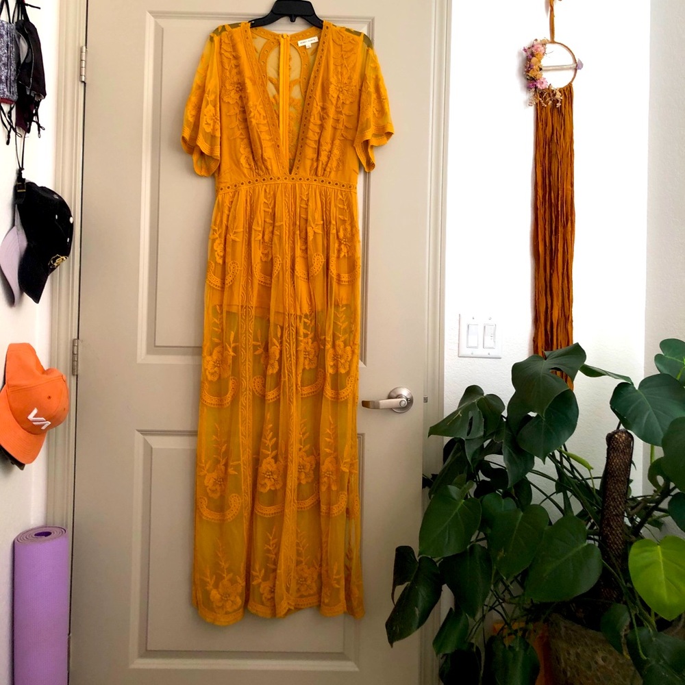 Honey comb maxi sheer skirt over romper deep v